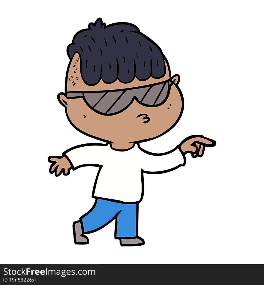 cartoon boy wearing sunglasses pointing. cartoon boy wearing sunglasses pointing