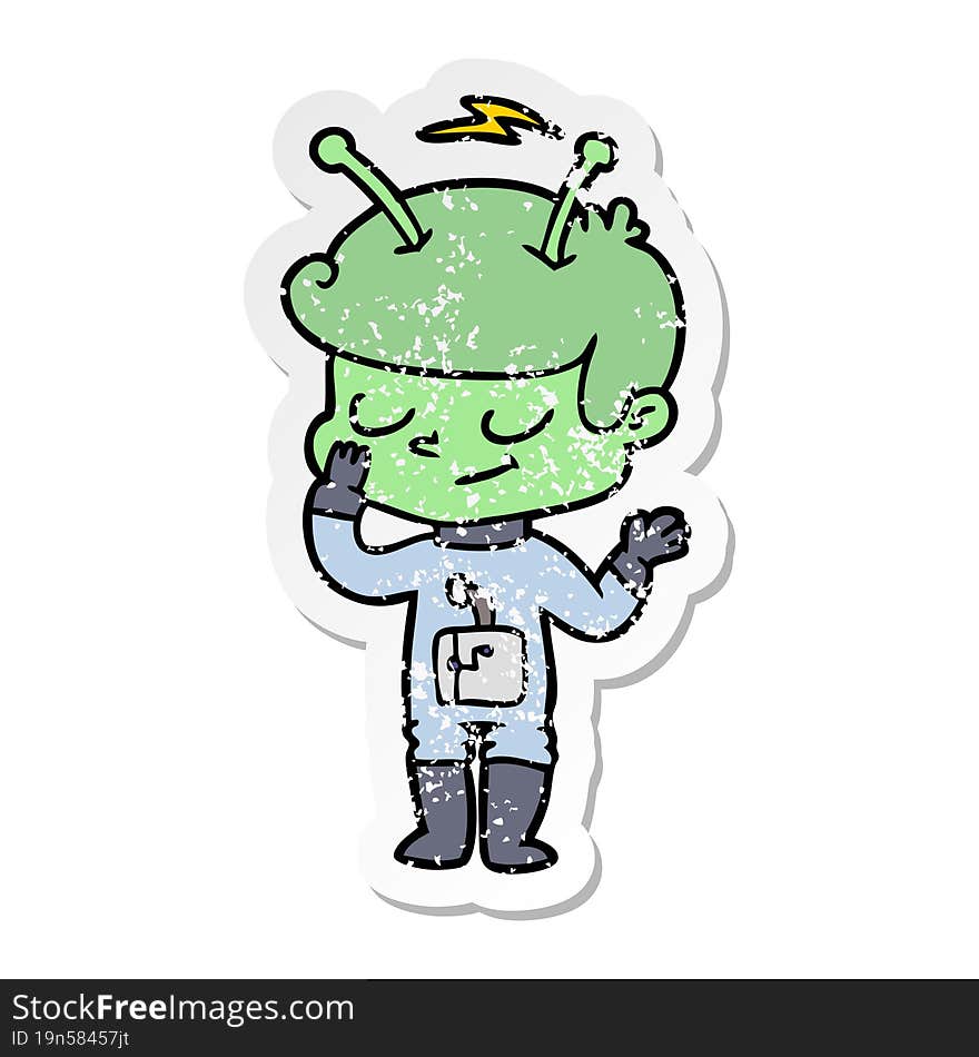 distressed sticker of a friendly cartoon spaceman