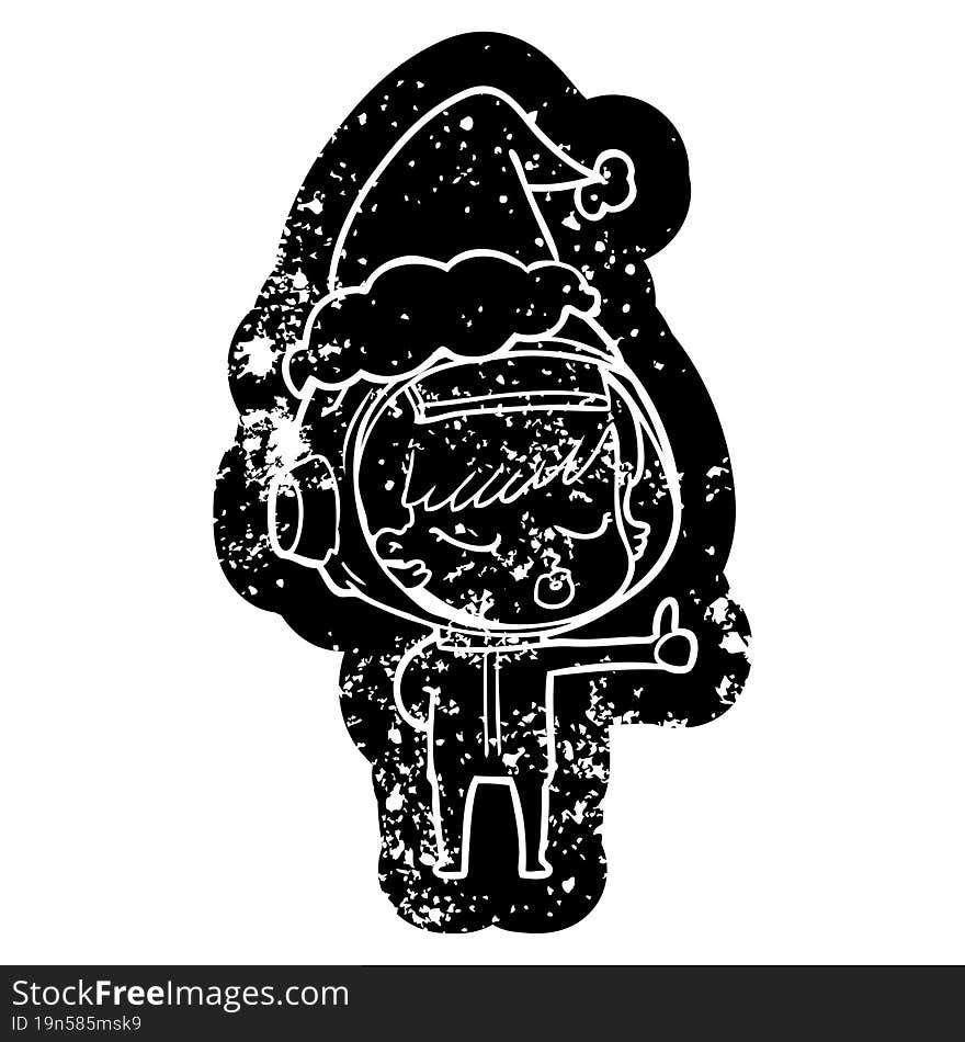 quirky cartoon distressed icon of a pretty astronaut girl giving thumbs up wearing santa hat