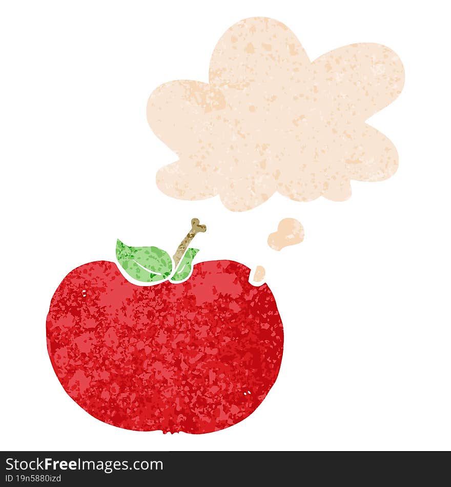 cartoon apple and thought bubble in retro textured style