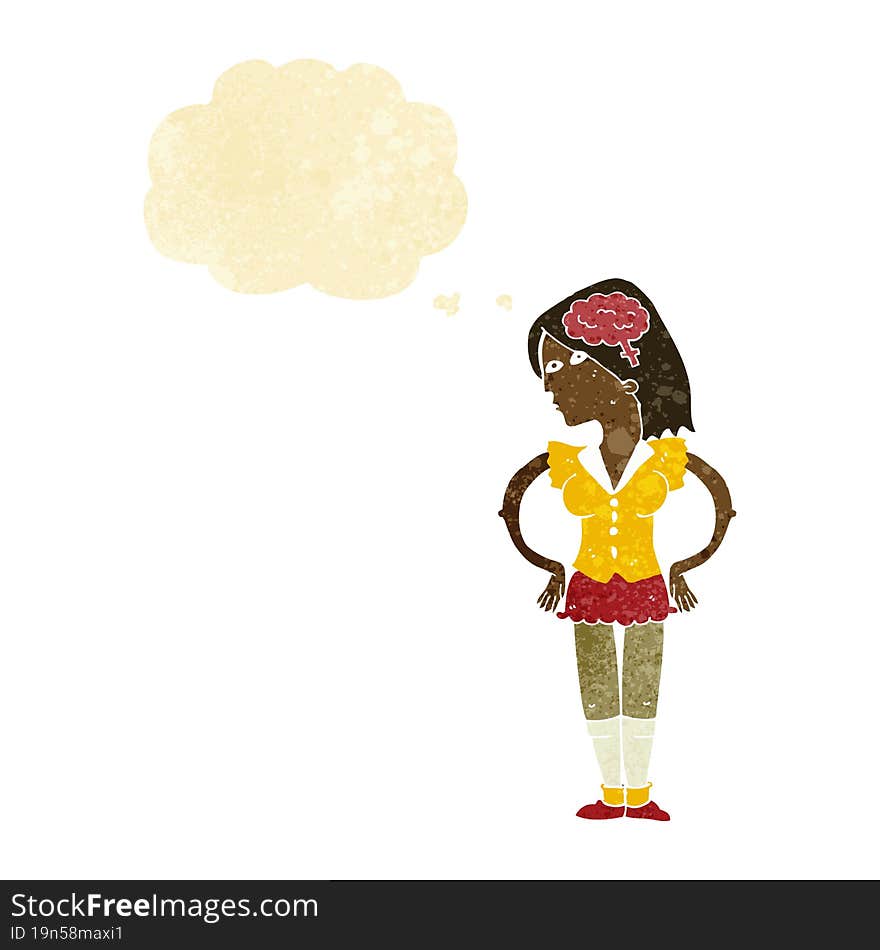 cartoon intelligent woman with thought bubble