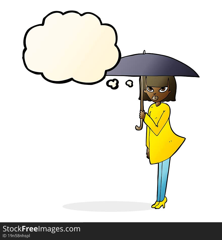 Cartoon Woman With Umbrella With Thought Bubble