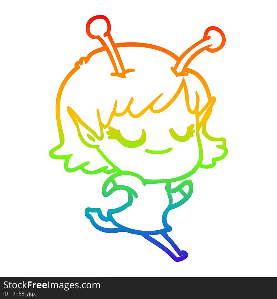 rainbow gradient line drawing smiling alien girl cartoon running