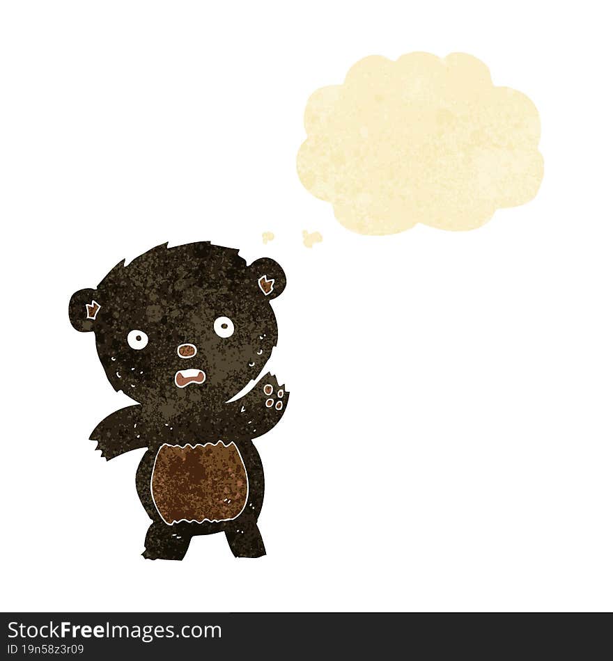 cartoon waving black bear cub with thought bubble