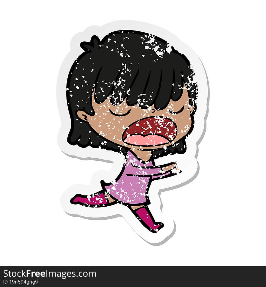 distressed sticker of a cartoon woman talking loudly