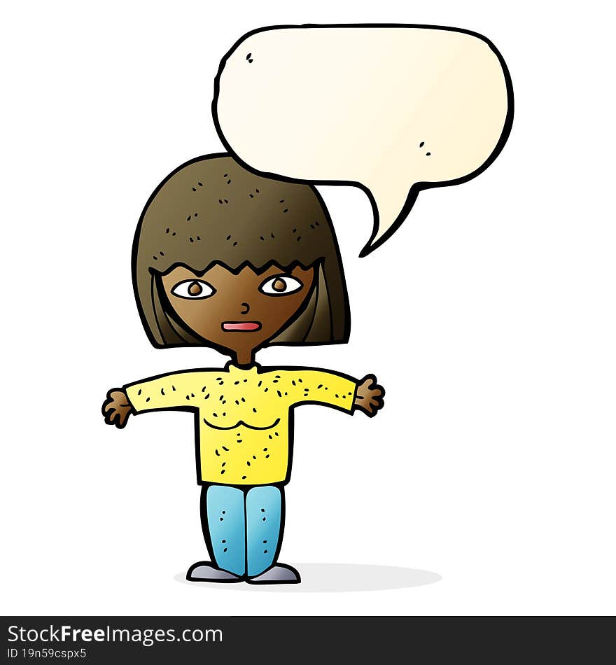 cartoon woman with open arms with speech bubble