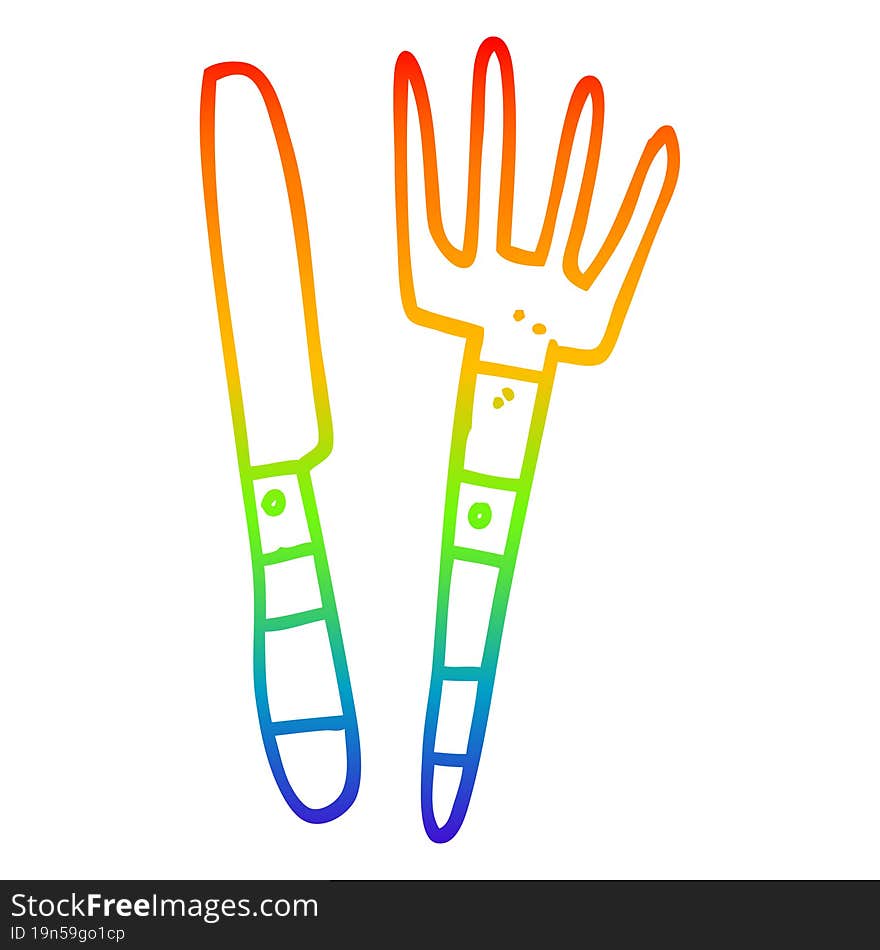 rainbow gradient line drawing cartoon knife and fork