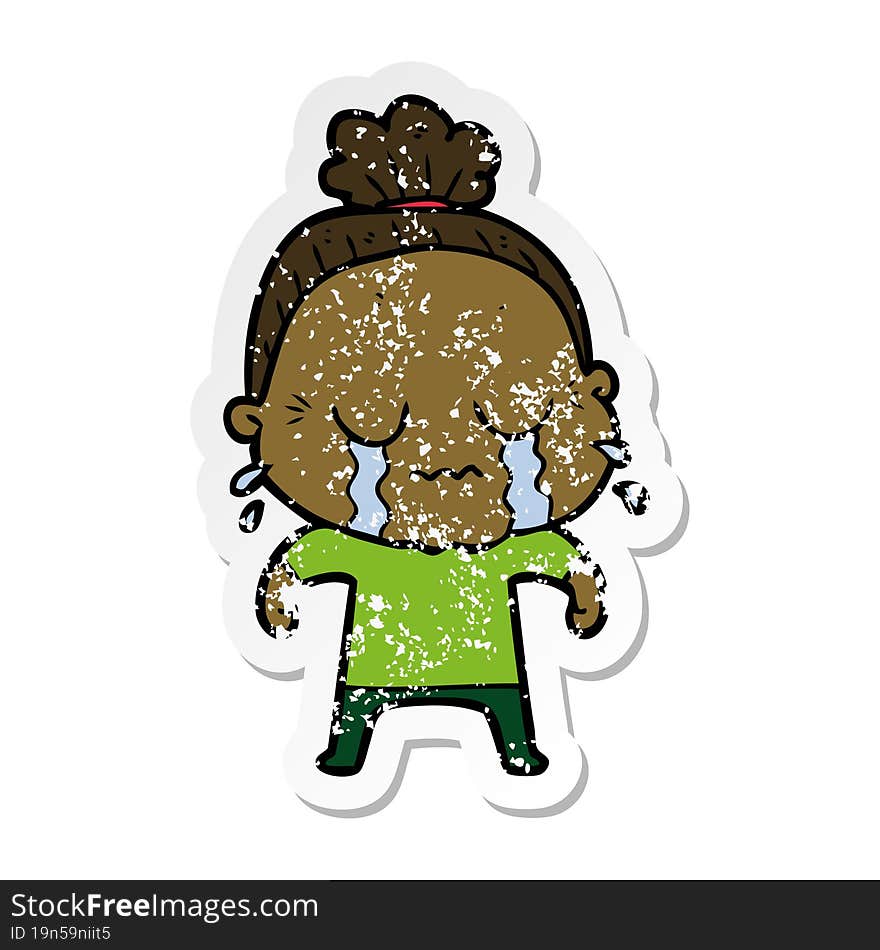 distressed sticker of a cartoon crying old lady