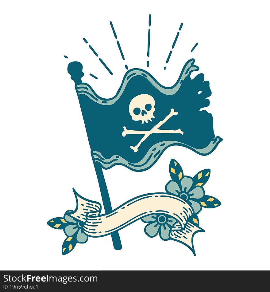 scroll banner with tattoo style waving pirate flag