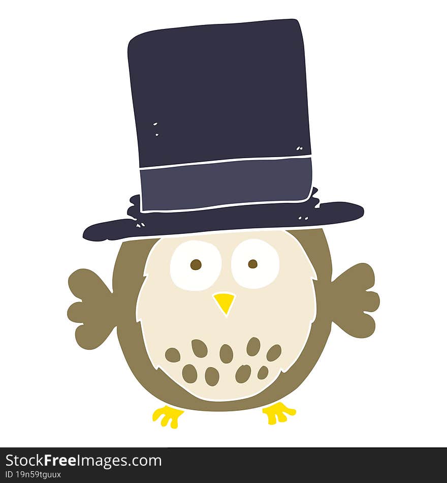 flat color illustration of a cartoon owl wearing top hat