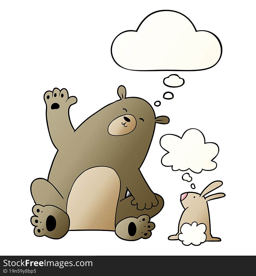 cartoon bear and rabbit friends and thought bubble in smooth gradient style