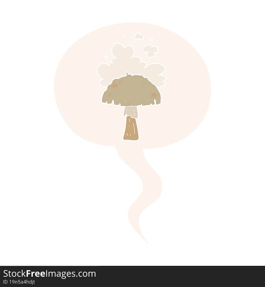 cartoon mushroom and spore cloud and speech bubble in retro style