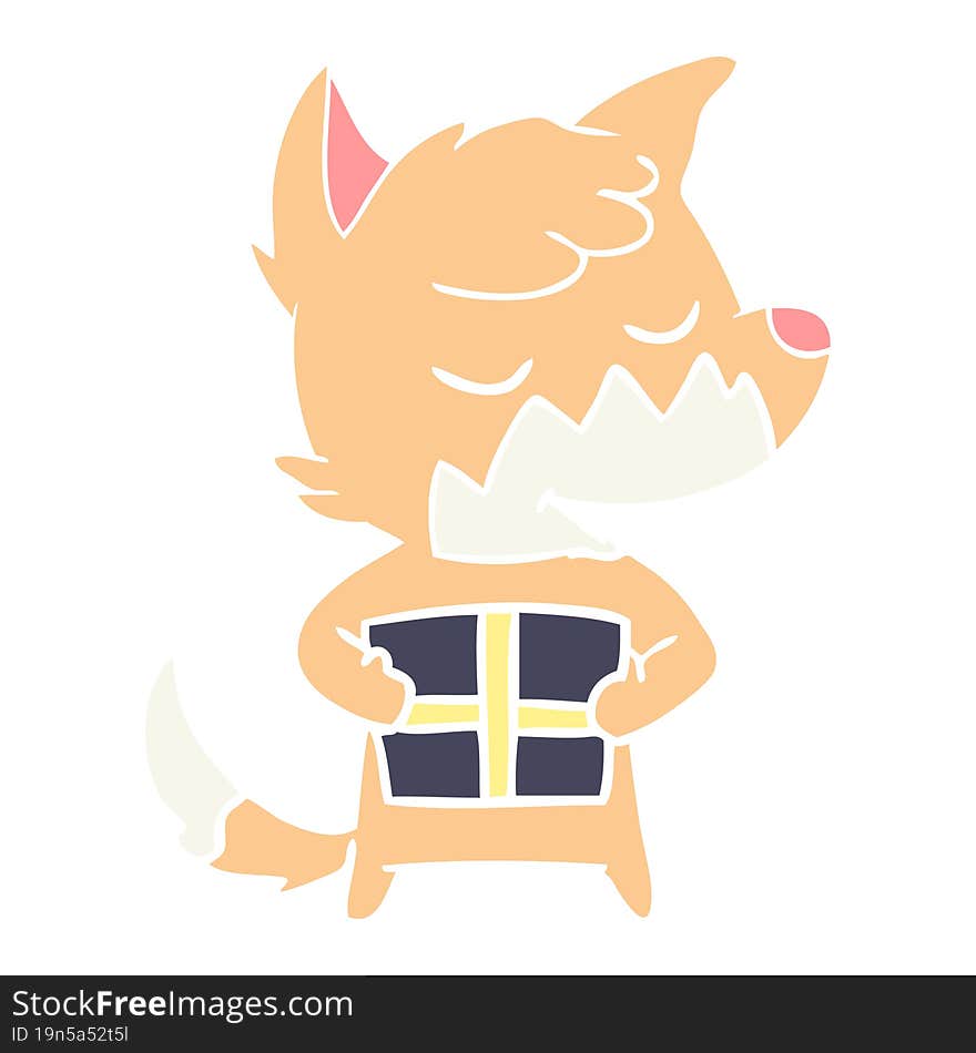 friendly flat color style cartoon fox with christmas present