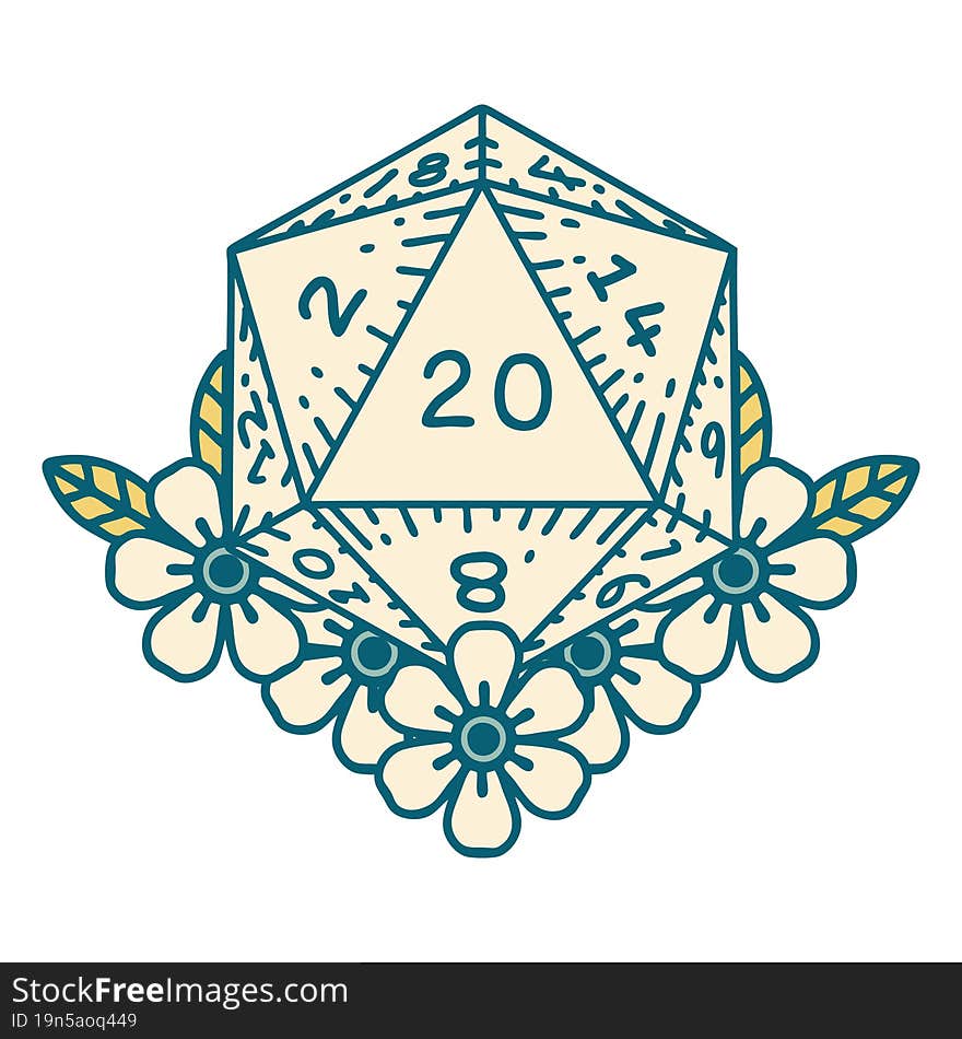 Natural 20 D20 Dice Roll With Floral Elements Illustration