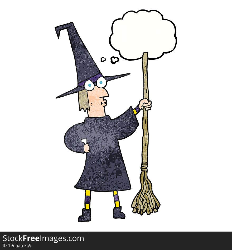 thought bubble textured cartoon witch with broom