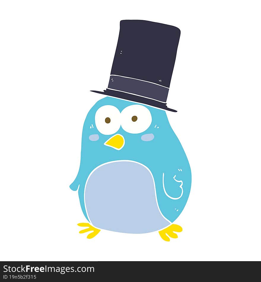 flat color illustration of a cartoon bird wearing top hat