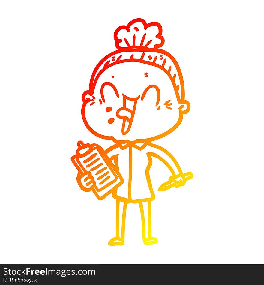 warm gradient line drawing of a cartoon happy old woman