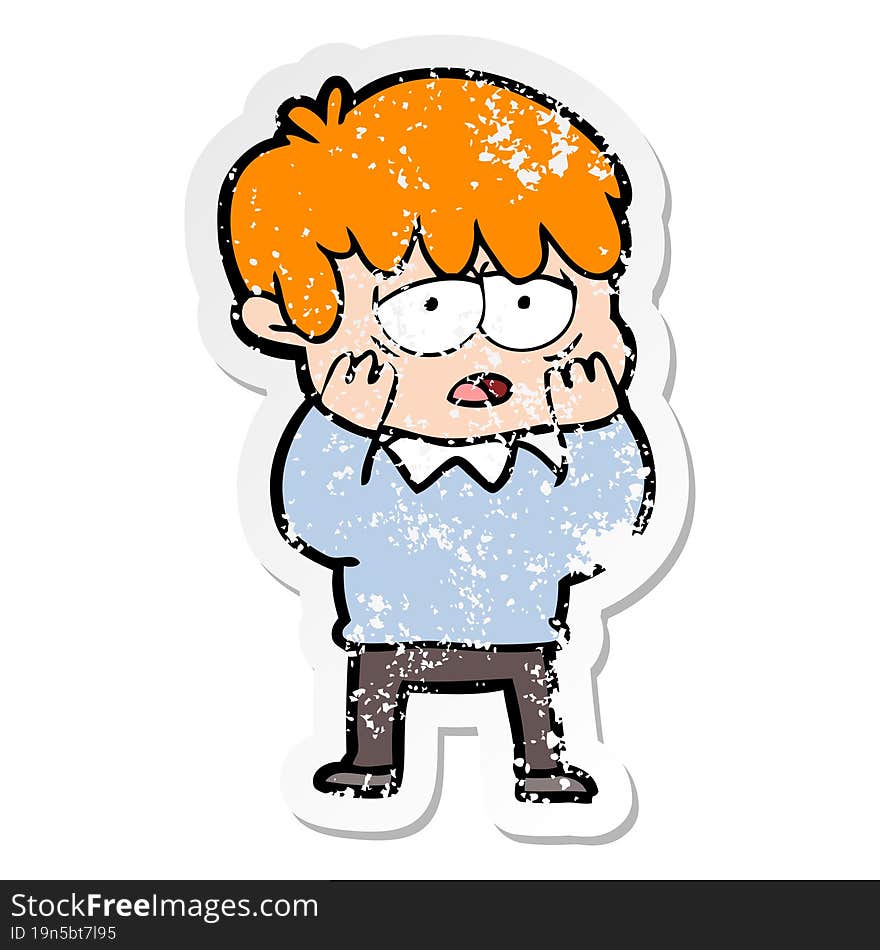 distressed sticker of a cartoon exhausted boy