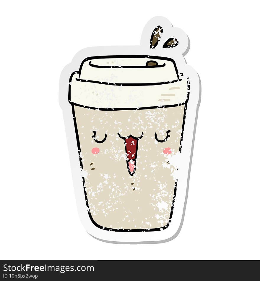 distressed sticker of a cartoon coffee cup