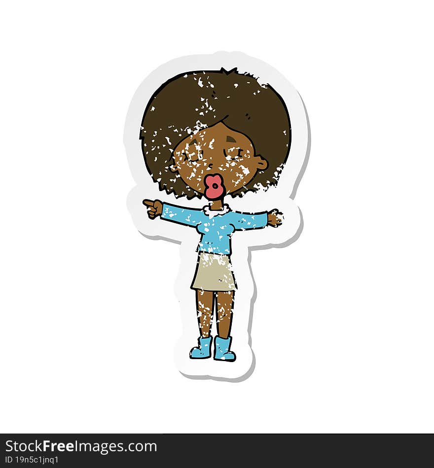 retro distressed sticker of a cartoon pointing woman