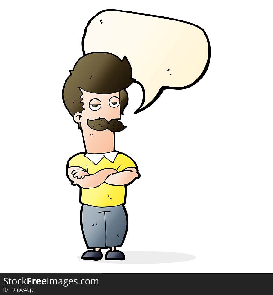 cartoon mustache muscle man with speech bubble