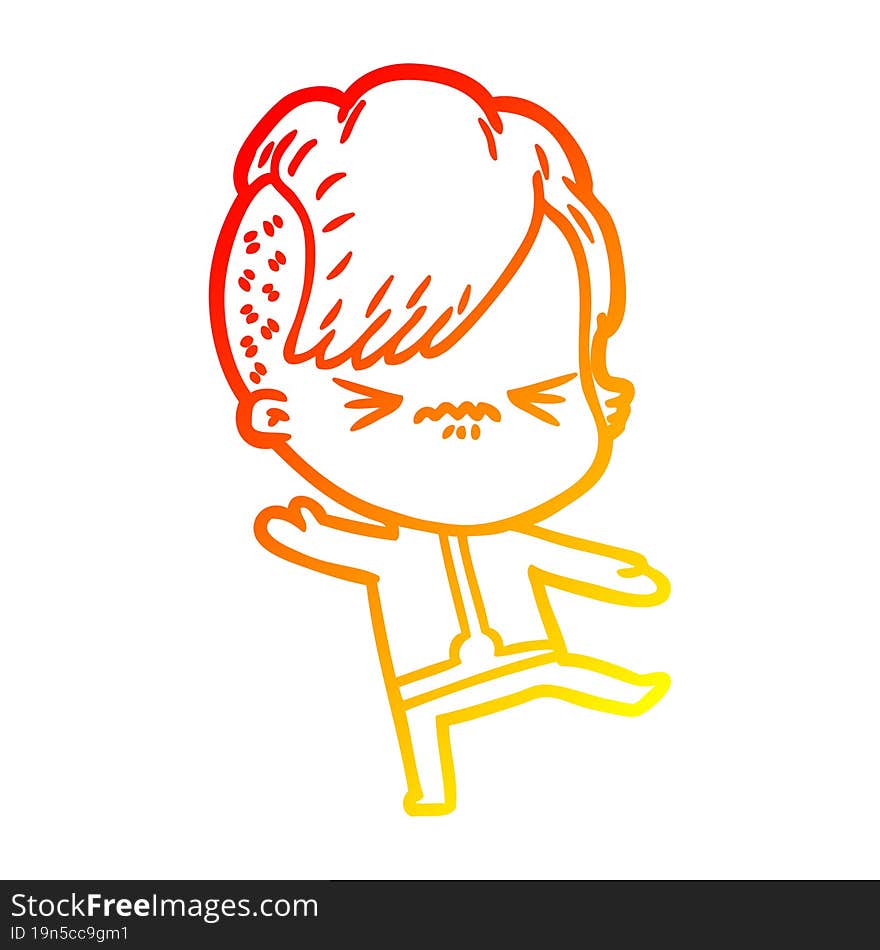 warm gradient line drawing of a cartoon annoyed hipster girl wearing space suit