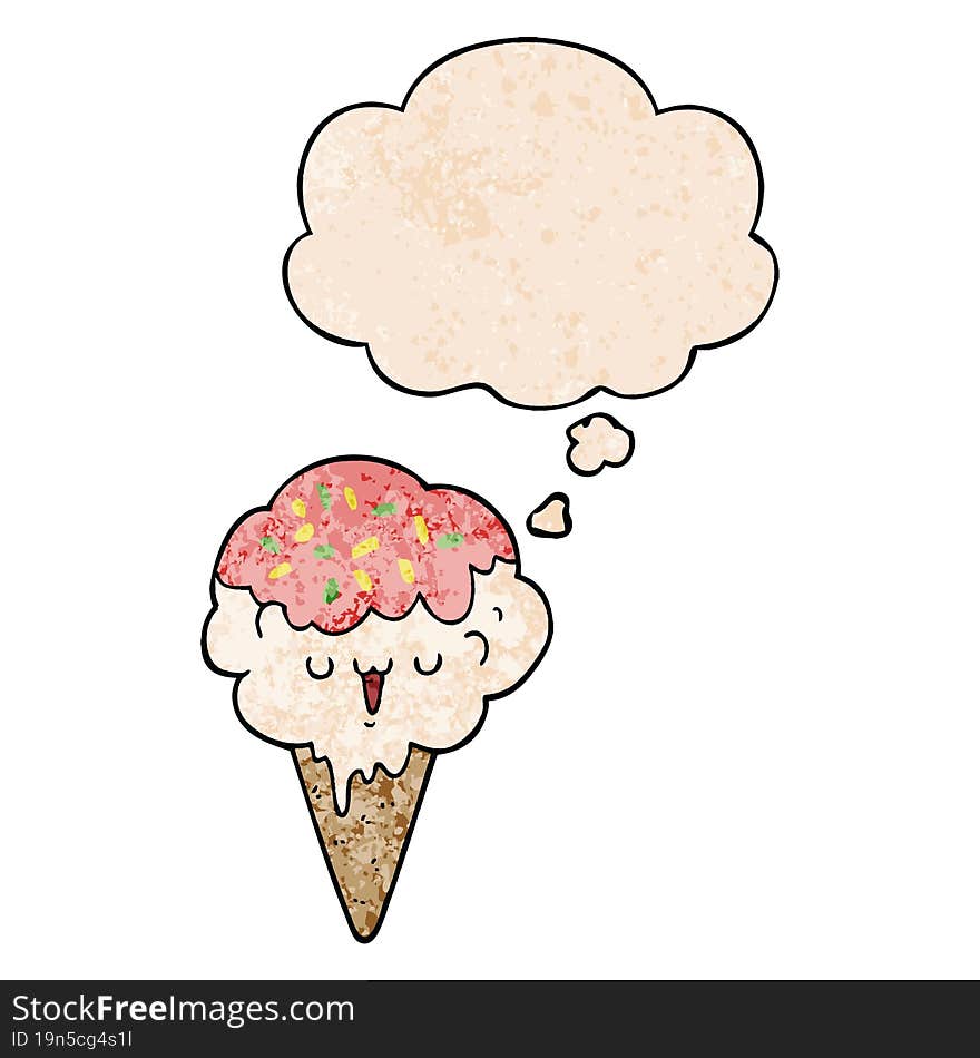 cartoon ice cream and thought bubble in grunge texture pattern style