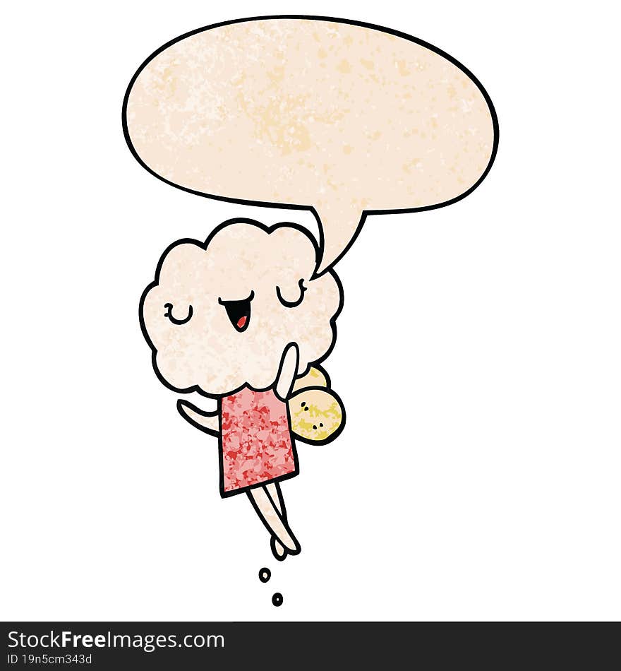 cute cartoon cloud head creature and speech bubble in retro texture style