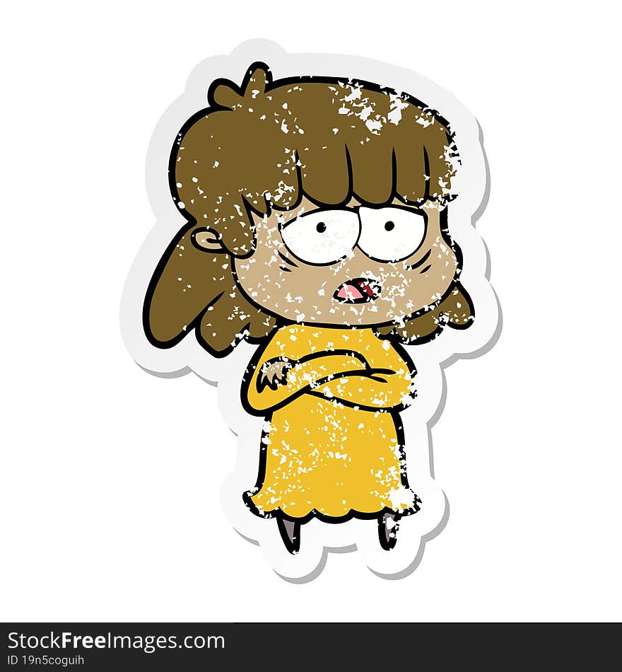 distressed sticker of a cartoon tired woman