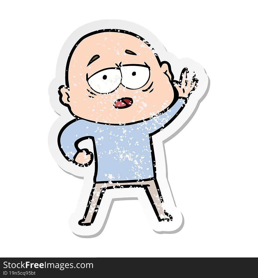 distressed sticker of a cartoon tired bald man