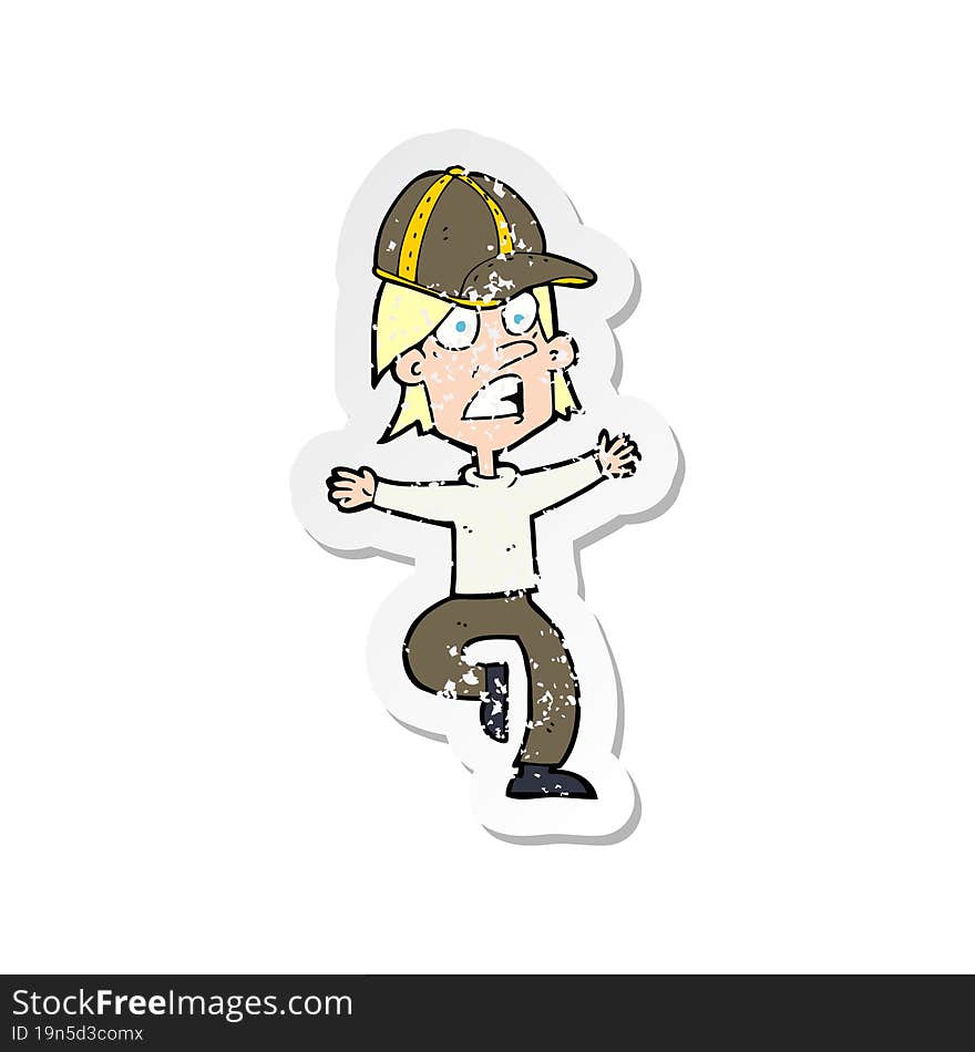 Retro Distressed Sticker Of A Cartoon Scout