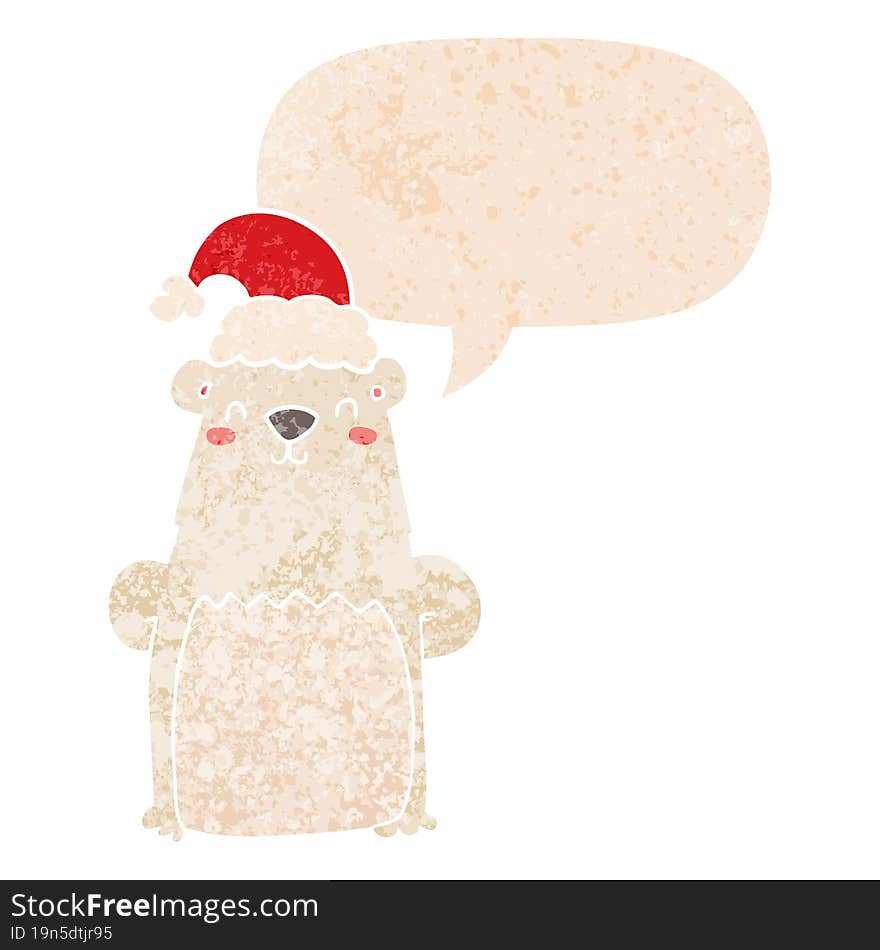 cartoon bear wearing christmas hat and speech bubble in retro textured style