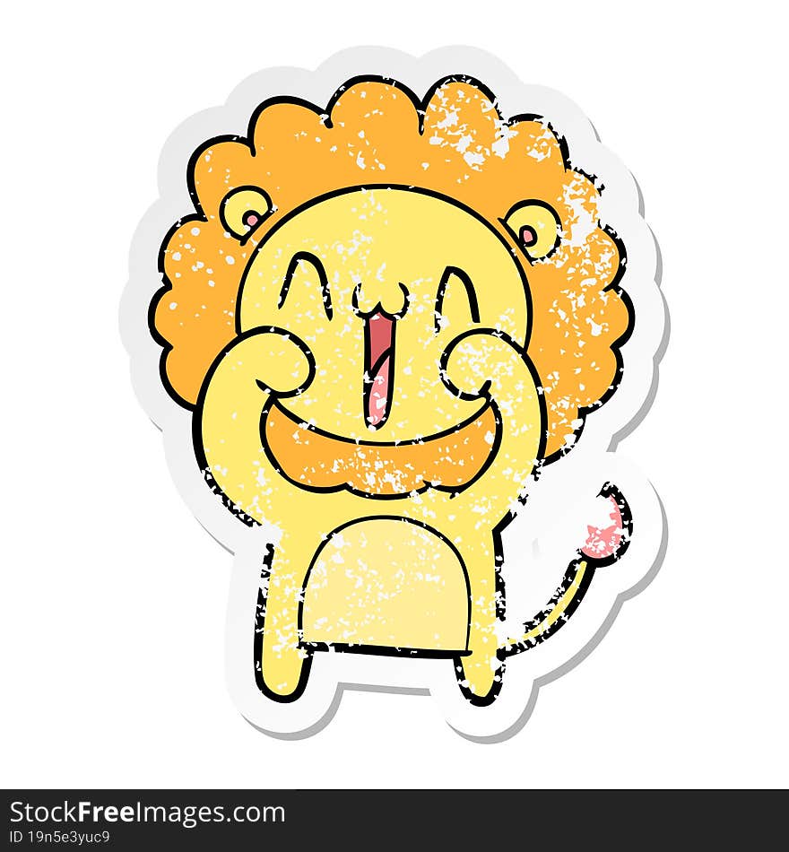 distressed sticker of a happy cartoon lion