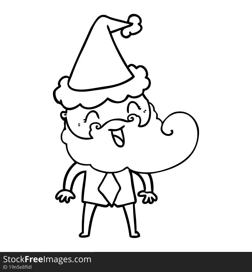 Hand drawn line drawing of a happy bearded man wearing santa hat