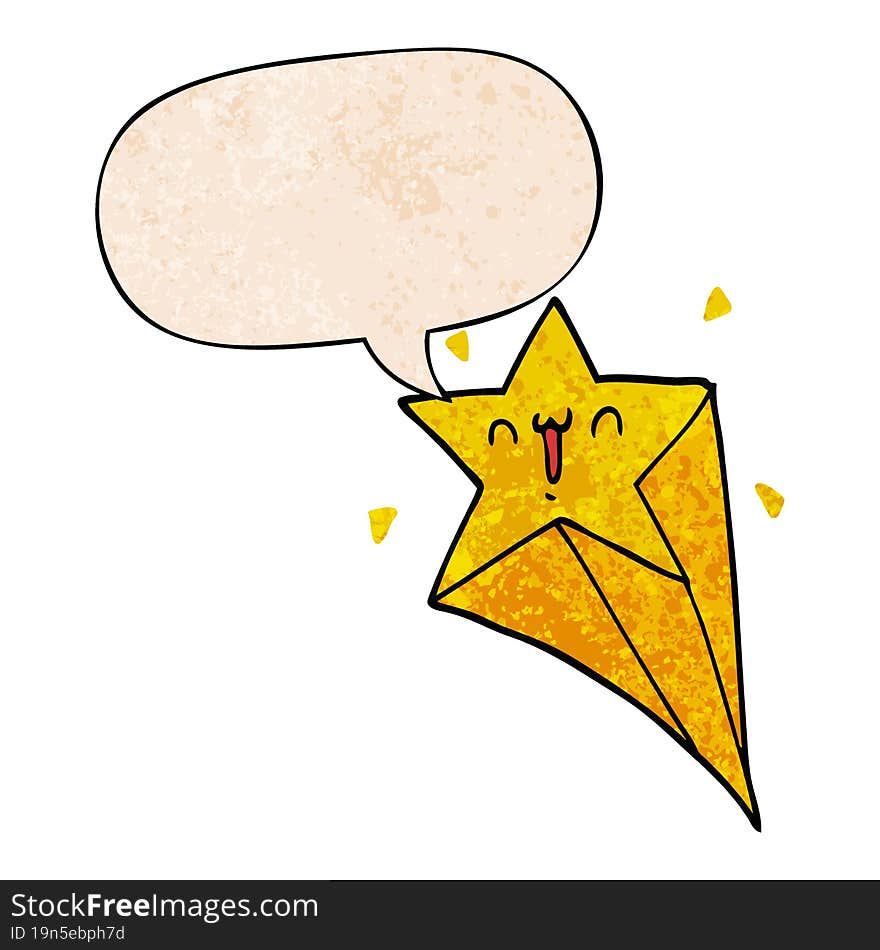 cartoon shooting star with speech bubble in retro texture style