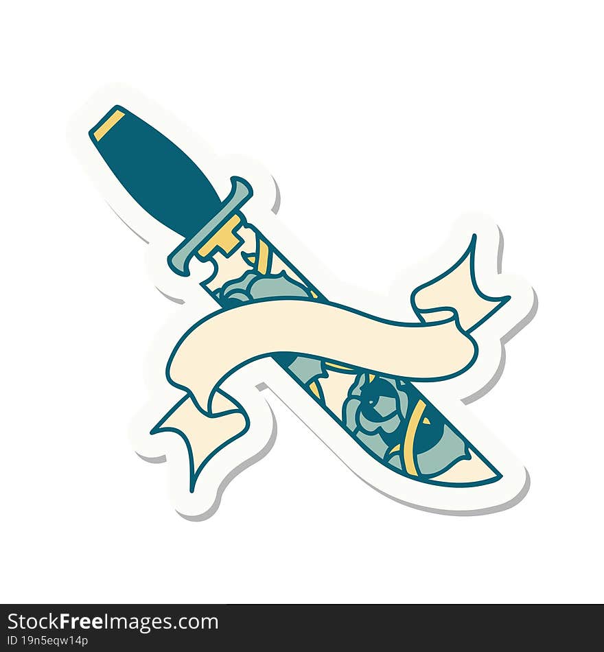 tattoo style sticker with banner of a dagger and flowers