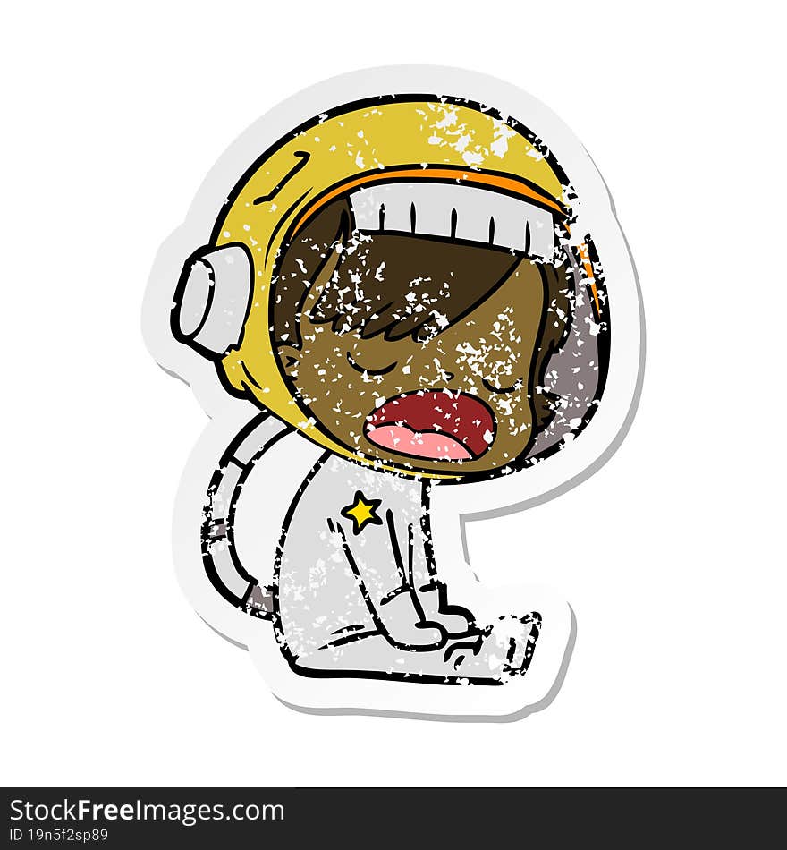 Distressed Sticker Of A Cartoon Talking Astronaut