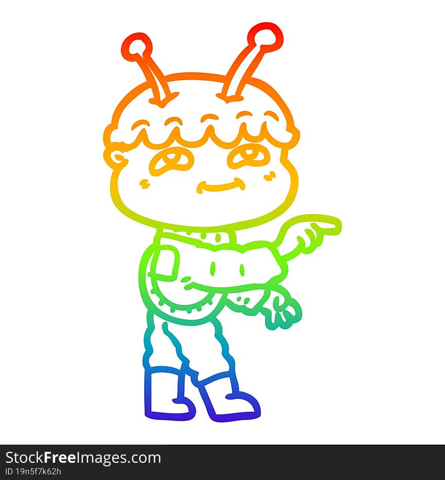 rainbow gradient line drawing friendly cartoon spaceman pointing