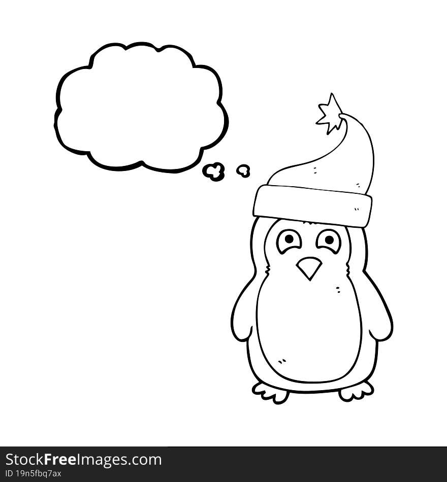 freehand drawn thought bubble cartoon christmas robin wearing christmas hat. freehand drawn thought bubble cartoon christmas robin wearing christmas hat