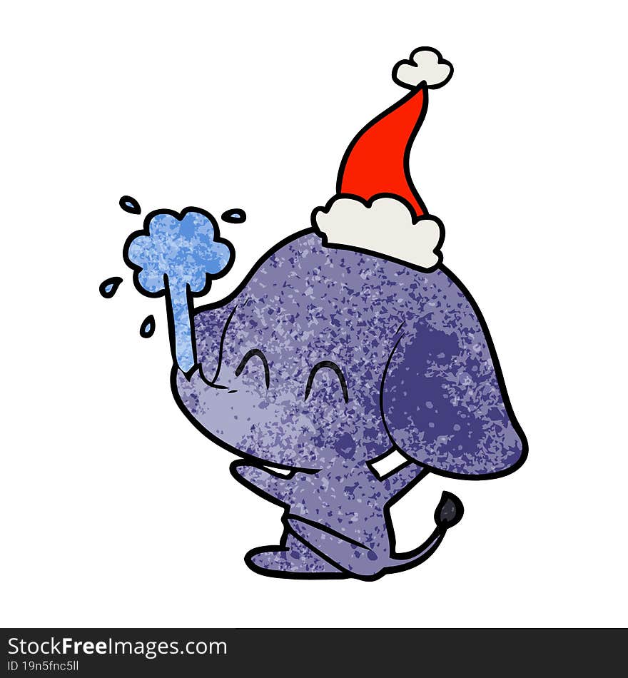 cute textured cartoon of a elephant spouting water wearing santa hat