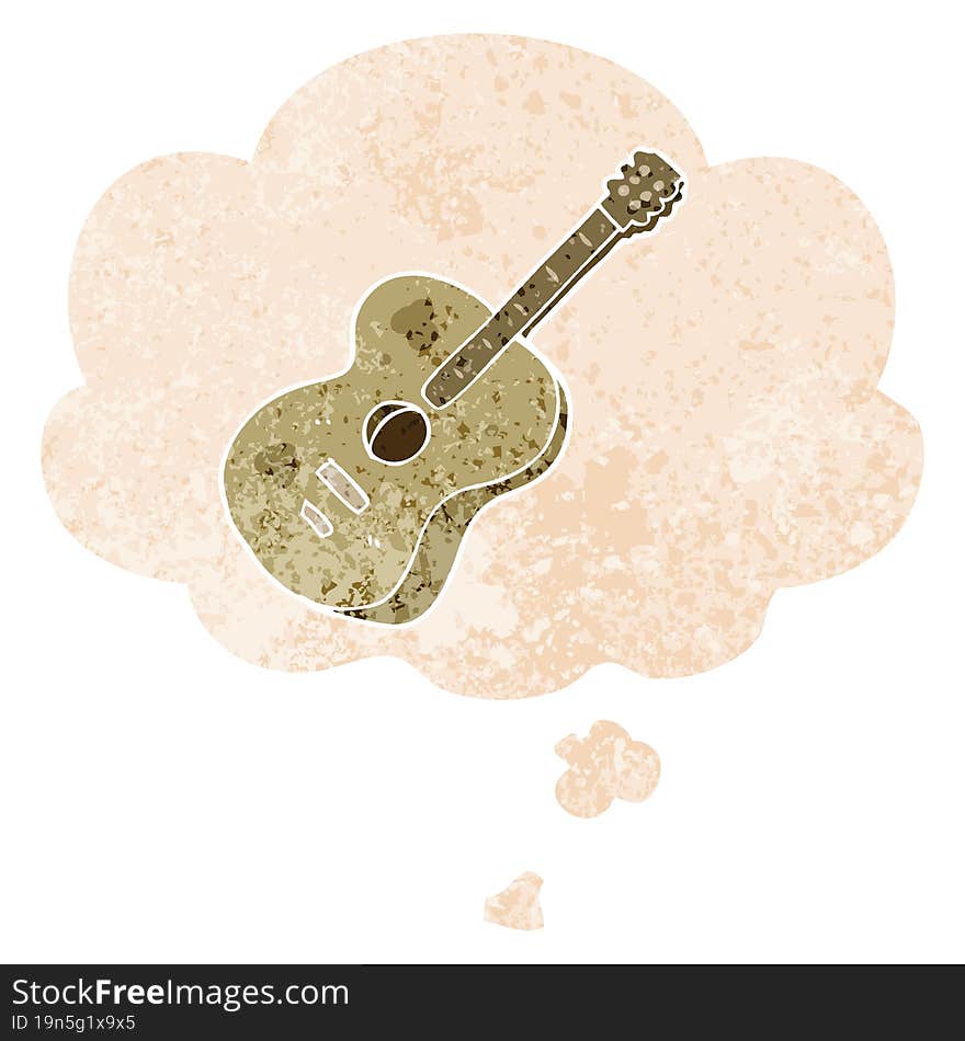 cartoon guitar and thought bubble in retro textured style