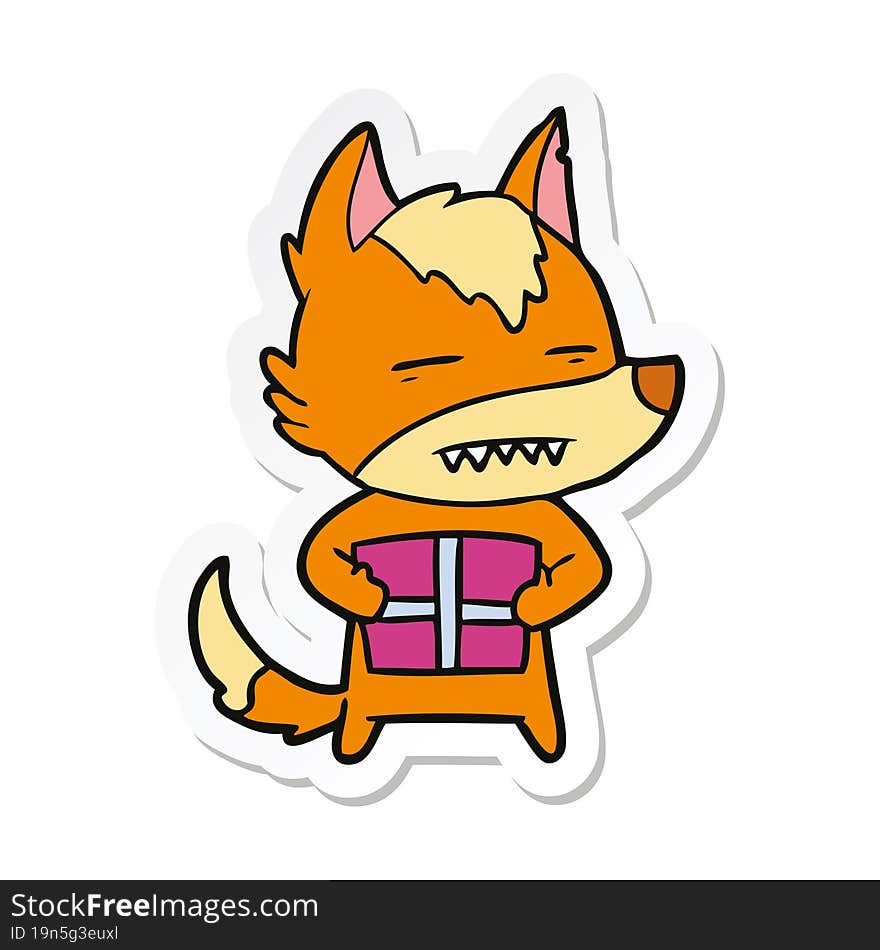 Sticker Of A Cartoon Fox With Present