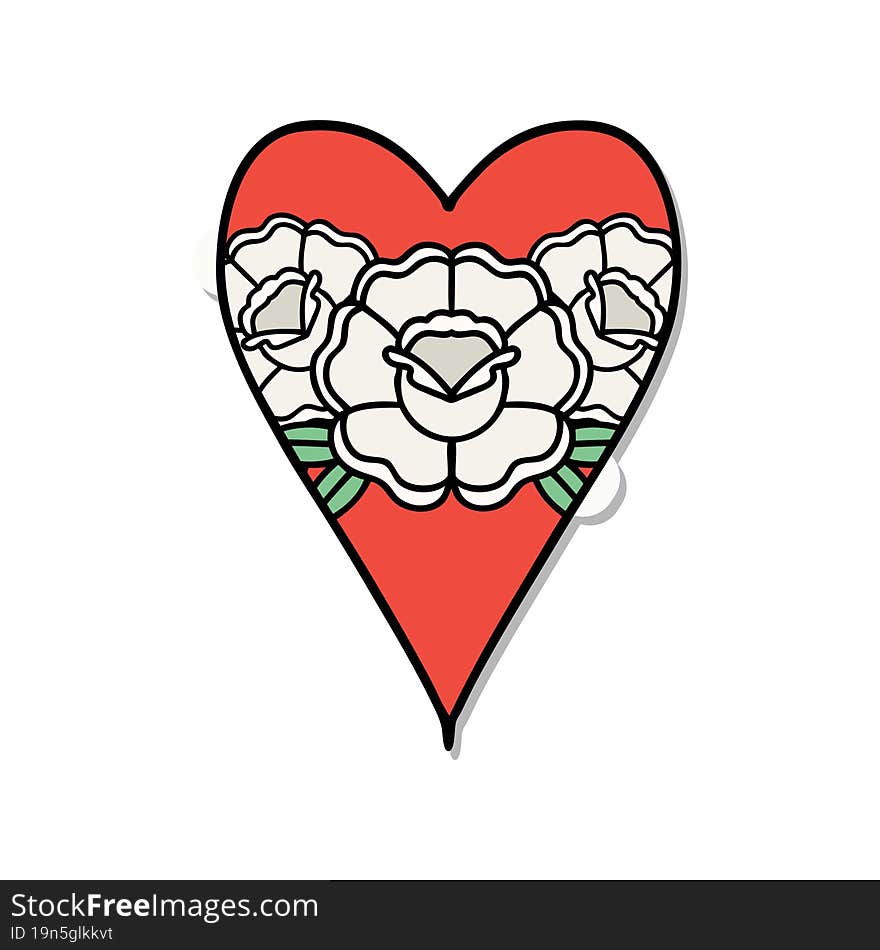 sticker of tattoo in traditional style of a heart and flowers. sticker of tattoo in traditional style of a heart and flowers