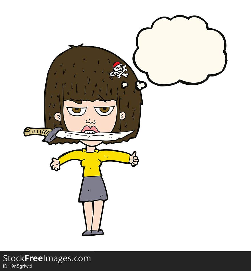 cartoon woman with knife between teeth with thought bubble