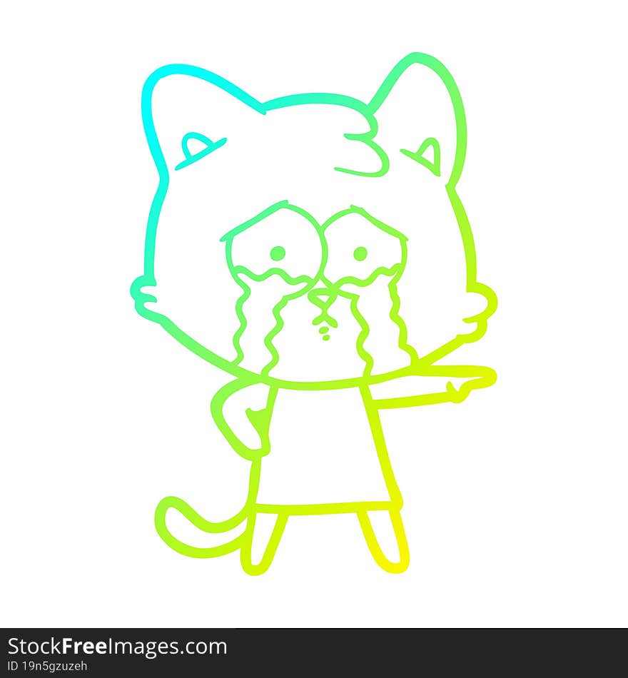 Cold Gradient Line Drawing Cartoon Crying Cat