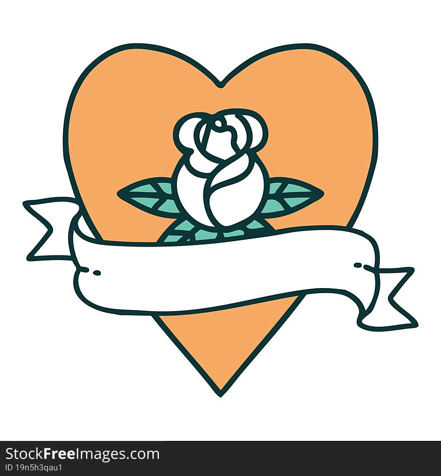 tattoo style icon of a heart rose and banner