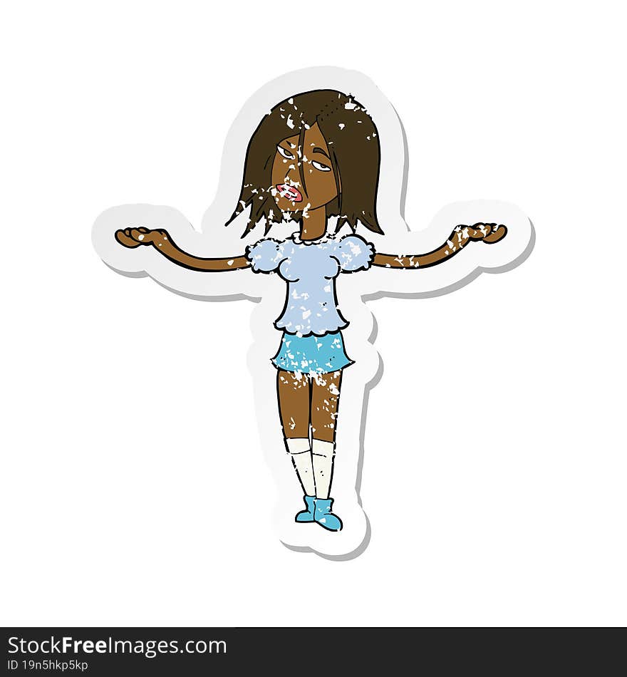 retro distressed sticker of a cartoon woman shrugging shoulders