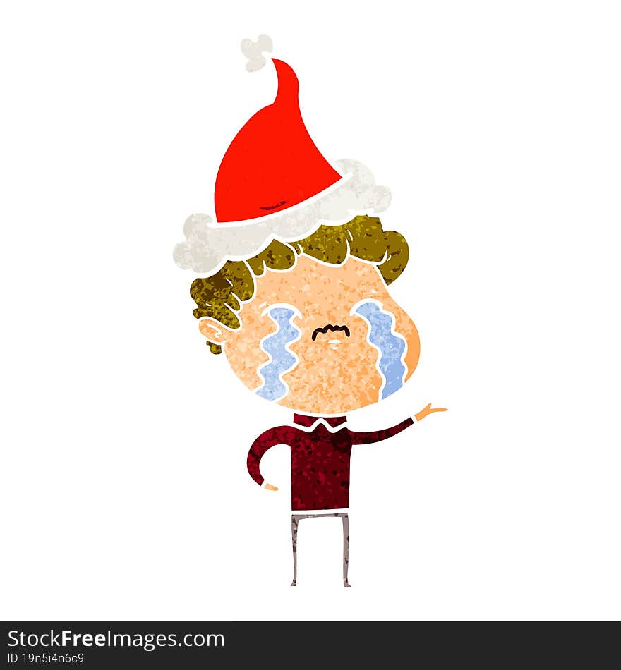 retro cartoon of a man crying wearing santa hat