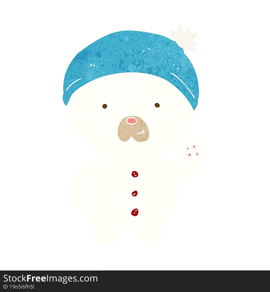 cartoon waving polar teddy bear in winter hat