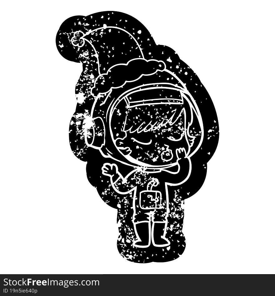 cartoon distressed icon of a pretty astronaut girl wearing santa hat